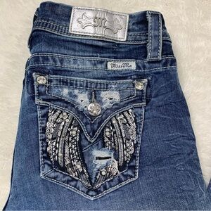 Miss Me Women's Blue Wings Embroidered Mid Rise Boot Cut Jeans Size 28 x 30.5"